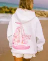 Casual grey hoodie featuring cute pink embroidered sailboat graphic and inspirational phrase. - XS / Tops / Light Gray