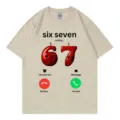 Classic cotton short sleeve t-shirt featuring funny six seven calling meme graphic. - S / Beige