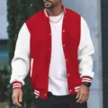 Men color block varsity jacket classic casual snap button baseball coat for spring autumn - S / Tops / Red