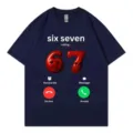 Close up detail view of the funny 67 calling meme graphic printed on the cotton t-shirt. - S / Dark Blue