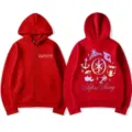 Katseye vintage red zip-up hoodie with front logo and back graphic print street style. - Red