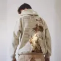 Men casual beige fleece hoodie with stylish back graphic streetwear pullover sweatshirt - S / Apricot-Logo