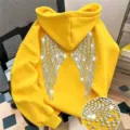 Bright yellow rhinestone angel wings hoodie long sleeve casual hooded sweatshirt top - 3XL / Tops / Yellow