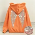 Rhinestone angel wings hoodie for men and women, casual long sleeve pullover sweatshirt. - 3XL / Tops / Orange