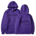 Women purple hooded sweatshirt with pocket, casual long sleeve pullover with letter print. - XS / Tops / Purple - Black Print