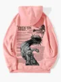 Pink fleece hoodie for men and women featuring gothic religious text and graphic print. - Pink-Logo