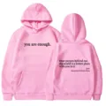 Women pink hoodie with letter print, kangaroo pocket, drawstring casual sweatshirt top. - XS / Tops / Pink - Black Print