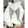 White rhinestone angel wings hoodie long sleeve pullover streetwear casual hooded sweatshirt - XS / Tops / White