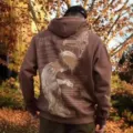 Men's brown fleece hoodie with religious graphic back print, casual streetwear sweatshirt. - Brown-Logo