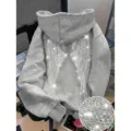 Grey rhinestone angel wings pullover hoodie casual long sleeve hooded sweatshirt for men women - XS / Tops / Light Gray