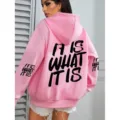 2025 Women's Pink Letter Print Hooded Hoodie Casual Long Sleeve Sweatshirt Winter Top - Pink