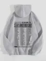 Close-up view of the women's casual fleece lined hoodie with graphic text print. - S / Gray