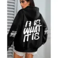 Women letter print casual black hooded hoodie long sleeve winter fleece sweatshirt top - S / Tops / Black