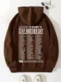 Detailed view of the dark brown fleece-lined hoodie with front 99 reasons print and pocket. - Khaki