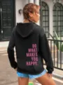 Casual black hooded sweatshirt for women, back pink quote print, loose drop shoulder style. - S / Tops / Black with Purple Text