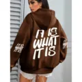 Brown women's letter print hooded hoodie winter casual sweatshirt top with pocket. - S / Tops / Coffee