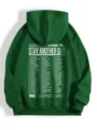 Dark green hoodie detail view showcasing chest graphic print and inspirational text design. - Green