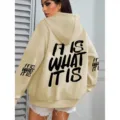 Women's beige hooded sweatshirt with stylish back letter print casual winter outerwear top - Khaki