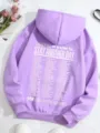 Purple fleece-lined hoodie back detail with graphic print and drawstring hood for women. - Purple