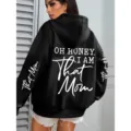 Women's black hooded sweatshirt featuring stylish letter print on back and sleeves for winter. - Black 1