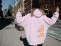 Oversized pink hoodie for women, casual long sleeve hooded sweatshirt with back letter print. - S / Tops / Pink with Yellow Letters