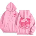 Pink fleece-lined hooded sweatshirt with tropical palm beach back print and ribbed cuffs. - XS / Tops / Pink