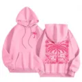 Pink women fleece hoodie with palm print, casual loose hooded sweatshirt for daily wear. - XS / Tops / Pink