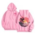 Pink fleece-lined hoodie for women with cute palm tree graphic print, cozy casual long sleeve. - XS / Tops / Pink