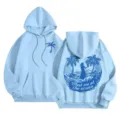 Women fleece-lined hooded sweatshirt, casual loose fit blue hoodie with ocean palm print. - XS / Tops / Light Blue