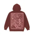 Women's maroon hoodie with creative back graphic stamp print, casual long sleeve pullover top. - XS / Tops / Burgundy