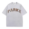 Grey short sleeve t-shirt with brown parke print, casual cotton top for men and women new. - S / Light Gray 2