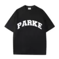 Black short sleeve t-shirt with curved white chest print and comfortable round neckline. - S / Black 1
