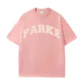 Pink short sleeve t-shirt with classic crew neck and bold arched chest logo print casual wear. - Pink
