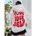 Women white fleece hoodie with red back letter print, oversized streetwear casual top. - XS / Tops / White