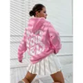 Pink fleece hoodie for women with back letter print, stylish Harajuku hooded sweatshirt. - XS / Tops / Pink