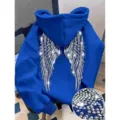 Unisex rhinestone angel wings hoodie long sleeve casual streetwear pullover top for men and women - XS / Tops / Sapphire Blue