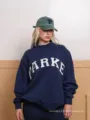 Navy blue arch letter embroidered sweatshirt set with green cap, casual long sleeve outfit. - Navy Blue (White Text) / XS