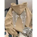 Khaki rhinestone angel wings hoodie for men and women, casual long sleeve pullover sweatshirt. - XS / Tops / Camel