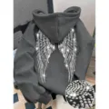 Y2K rhinestone angel wings hoodie for men and women casual streetwear grey hooded sweatshirt - XS / Tops / Dark Gray