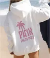 Casual white hooded sweatshirt with pink palm tree back print and comfortable drop shoulder design. - XS / Tops / White-Pink Logo