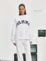 Casual white crewneck sweatshirt with blue letter print, comfortable long sleeve pullover. - White With Navy Letters / XS