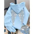 Light blue rhinestone angel wings hoodie, casual long sleeve pullover sweatshirt for unisex. - XS / Tops / Light Blue