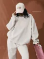 Comfortable casual grey crewneck sweatshirt and sweatpants set with chic letter print. - White Gray - Pink / XS
