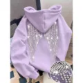Lavender rhinestone angel wings hoodie, cozy long sleeve pullover sweatshirt for men and women. - XS / Light Purple