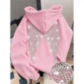 Pink rhinestone angel wings hoodie for women men casual streetwear pullover hooded sweatshirt - XS / Pink