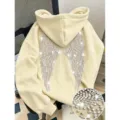 Stylish rhinestone angel wings hoodie for men and women casual long sleeve pullover top wear - XS / Khaki