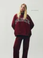 Burgundy collegiate letter print sweatshirt and sweatpants set for women, comfortable fleece. - Wine Red - Plaid Text / XS