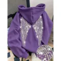 Unisex pullover hoodie featuring striking rhinestone angel wings design on the back. - XS / Tops / Purple