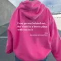 Pink hooded sweatshirt for women, solid color with inspirational quote back print. - XS / Tops / Rose Red - White Print