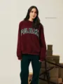 Burgundy crewneck sweatshirt with green pants set, featuring PARK letter print for women. - Wine Red - Forest Green / XS